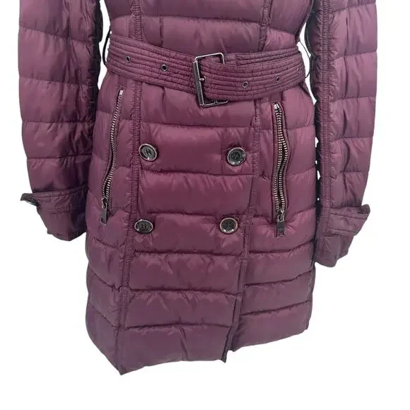 Burberry Brit Belted Down Coat Burgundy Purple Maroon Size Small